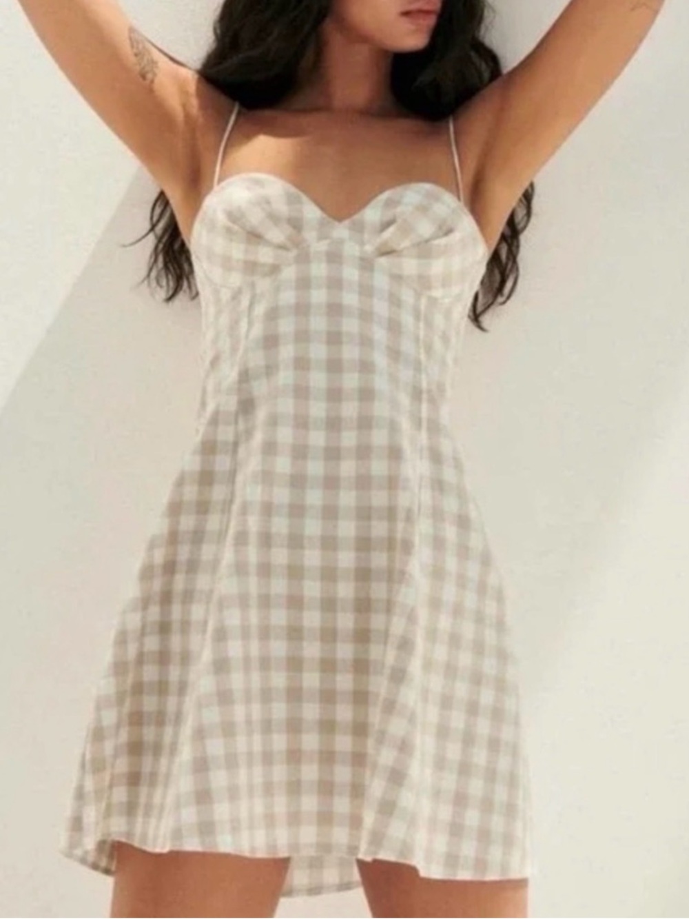 NWOT Zara Tan and White Gingham Mini Dress